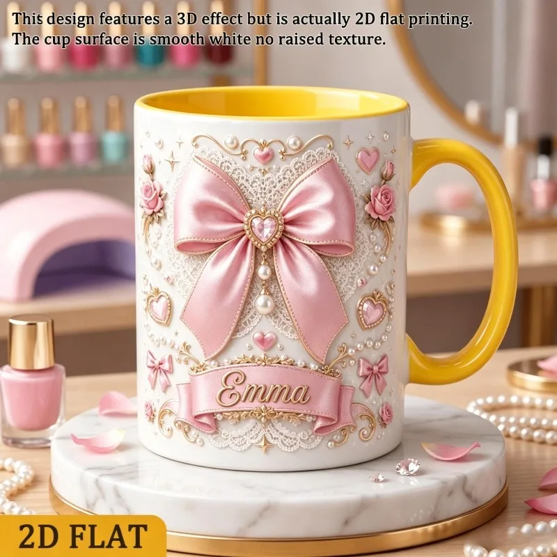 Chic Pink Bow Decor Mug 1pc 11oz 2D Printed Personalized Girly Coffee Cup Birthday Christmas Gift Home Office