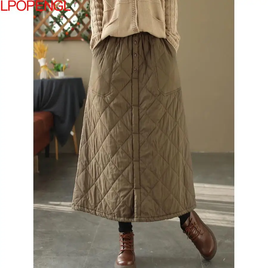 Ethnic Style Retro Winter Rhombic Cotton Thickened Skirt Female Solid Color Literary Versatile Warm Elastic Waist Straight Skirt