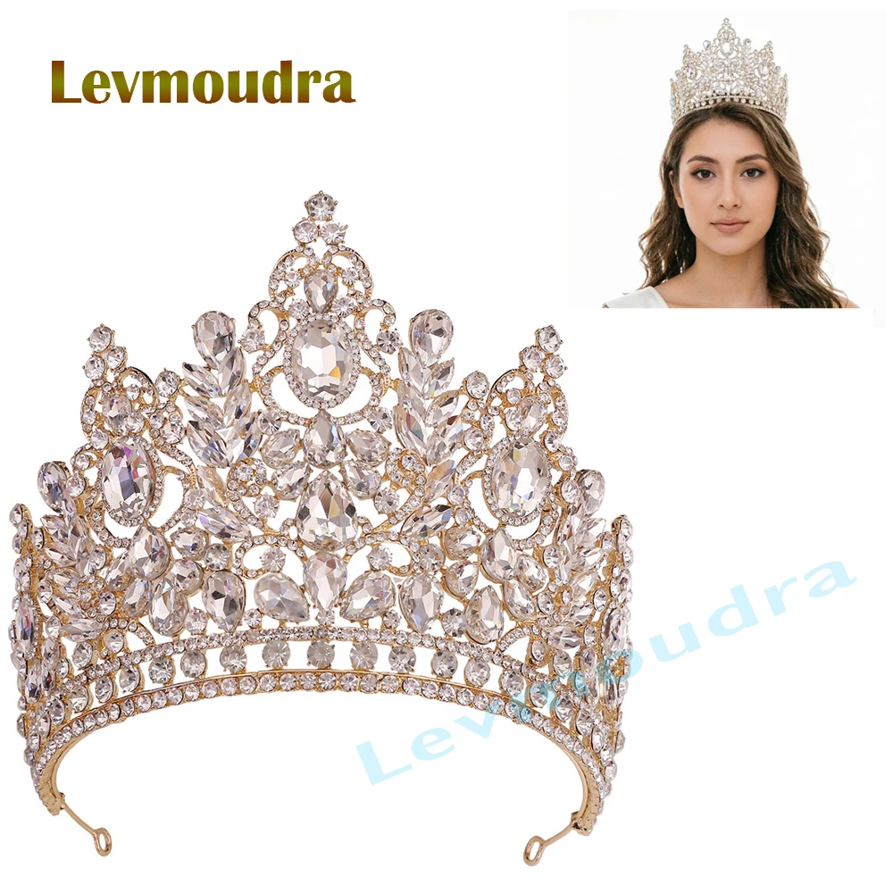 

Levmoudra Tall Luxury Pageant Tiaras For Bride Crystal Rhinestone Alloy Wedding Bridal Crown For Women Princess Party