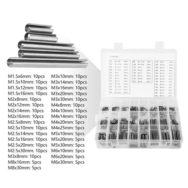 A02M-560Pcs Stainless Steel Spring Pin Tension Elastic Cylindrical Cotter Pins Set M1.5 M2 M2.5 M3 M5 M6 M8 Dowel