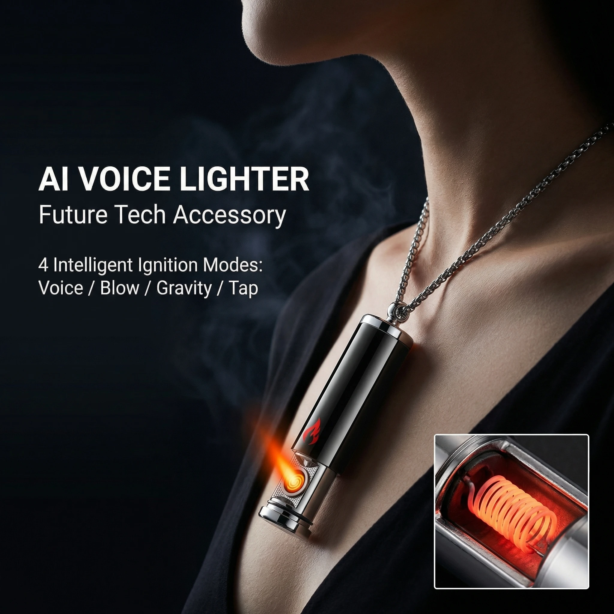 

Smart Voice-Activated Lighter Necklace USB Rechargeable Windproof Tungsten Wire Lighter,Portable Pendant Lighter for Cigarette