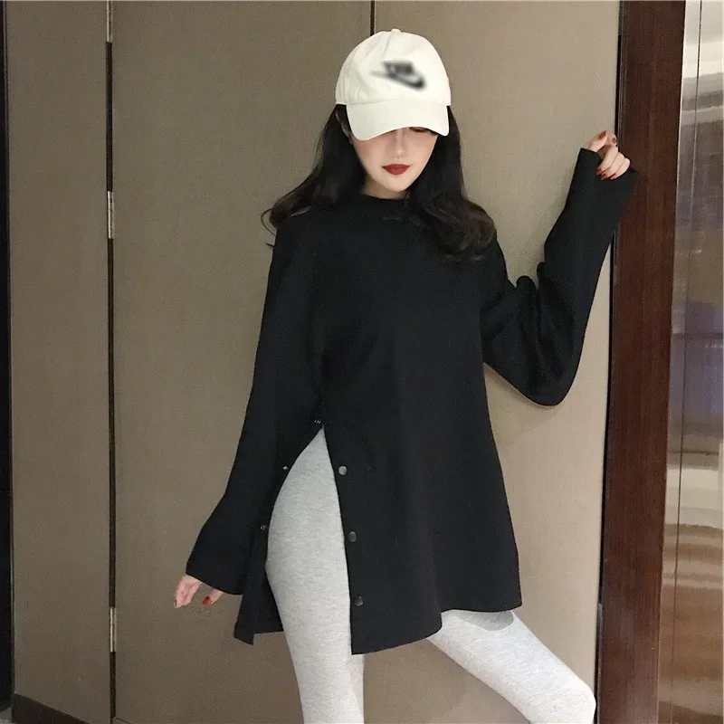 2024 spring Split Side Button White black Long Tshirt O-Neck Women shirts autumn Arrival Harajuku solid oversized T shirt tops