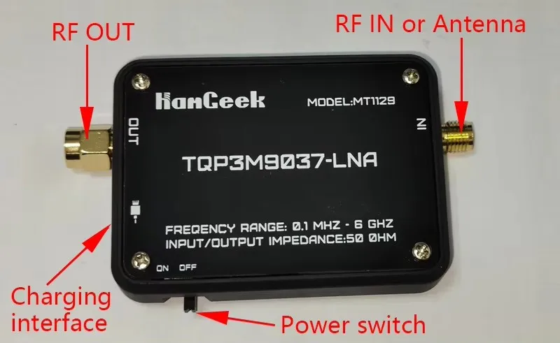 HAMGEEK MT1129 LNA Low Noise Amplifier 100KHz‑6GHz 20‑35dB Gain Rechargeable Type‑C for SDR Radio Spectrum Monitoring
