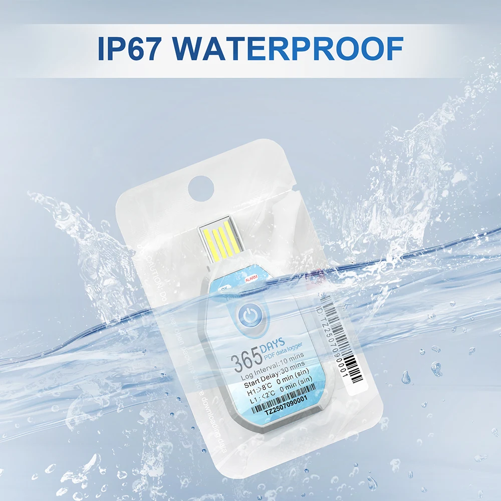 

365-дневный водонепроницаемый USB-регистратор температуры одноразового использования с LED-индикатором и PDF-отчетом для холодовой транспортировки