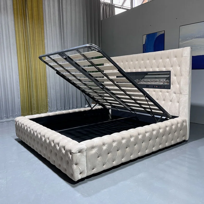 # Modern Tufted Soft Bed Set Storage Bluetooth Audio System Fireplace Lamp-King/Queen Size Adjustable Durable Bedroom Furniture