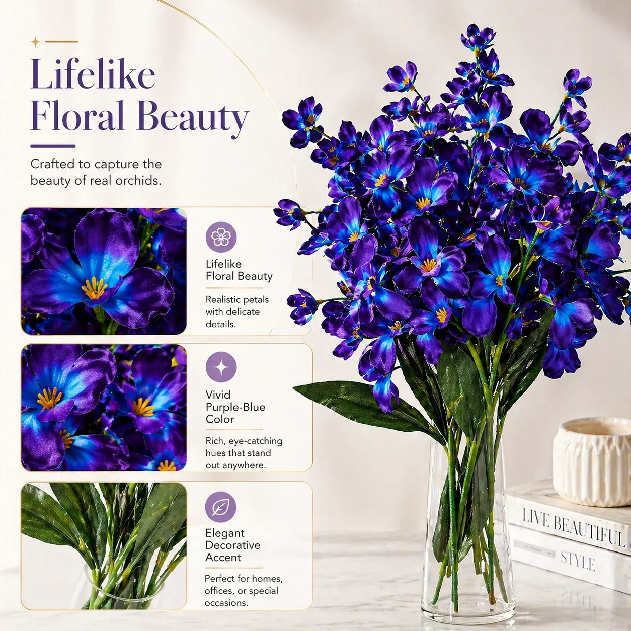 5 Stück 27 Zoll große lila-blaue künstliche Orchideenblüten für Hochzeitssträuße, Heim- und Restaurantdekoration – Detail 4