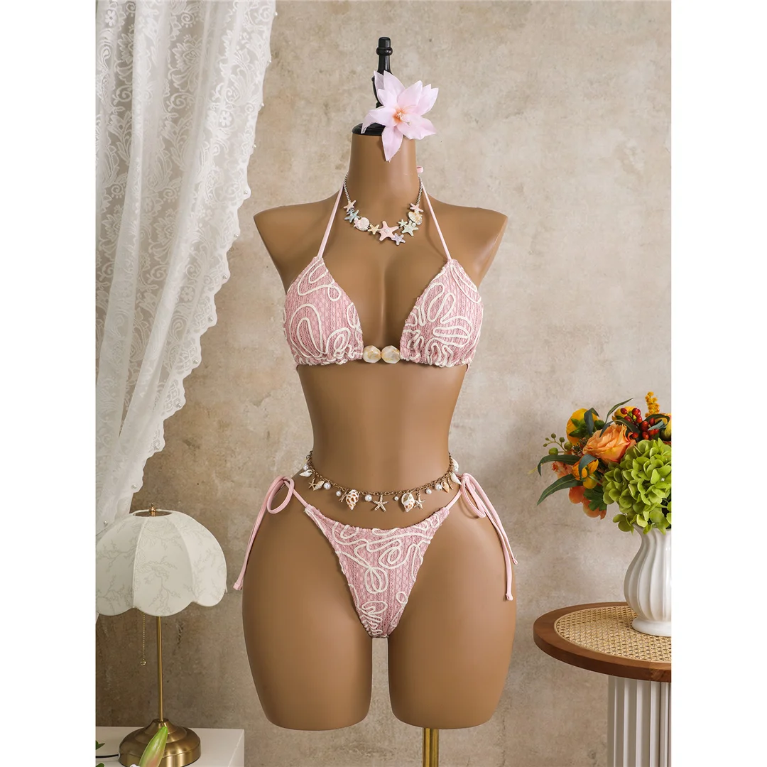 Mit Sarong-Halterneck-Bikini, bedruckter Bikini, Damen-Badebekleidung, dreiteiliges Bikini-Set, gepolsterter Badeanzug, Badebekleidung, Badeanzug, Modell V8073. – Detail 23