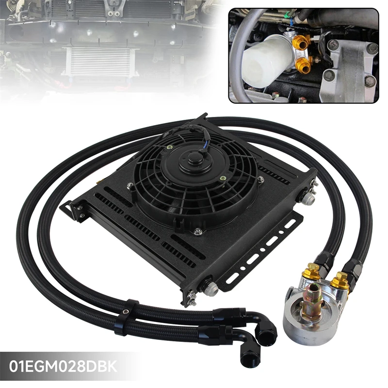 Universal 34 Row Oil Cooler 80 °C Thermostat Adapter 3/4x16UNF and M20x1.5 +7'' Electric Fan Transmission Engine Black/Silver