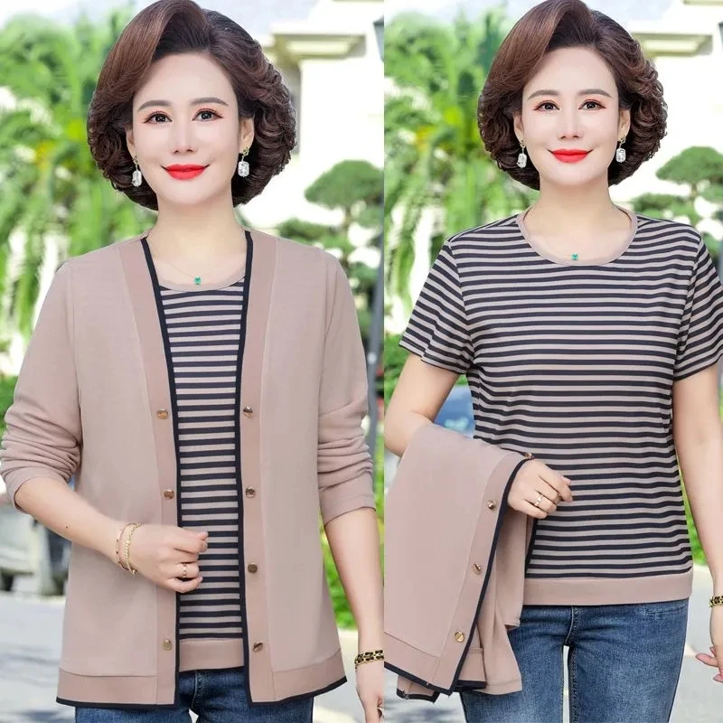 Middle-Aged Women\'s Cardigans 2PCS Spring Autumn Knitted Sweater New Two-Piece Set Fashion Stripe Pullover T-Shirts Mother Suits