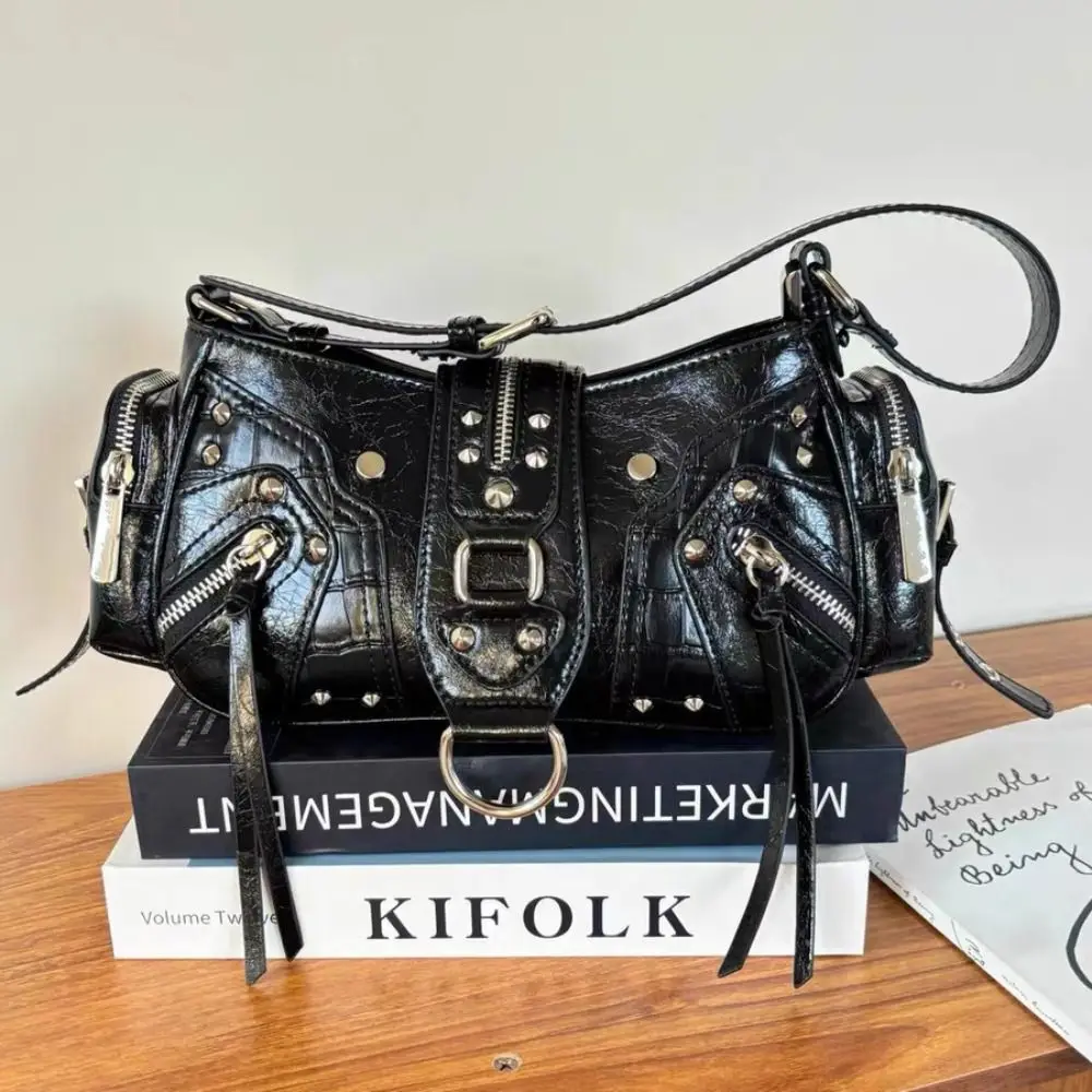 

Simple Y2K Retro Rivet Shoulder Bag Multi-pocket Spicy Girl Vintage Underarm Bag Korean Handbag Motorcycle Bag Shopping
