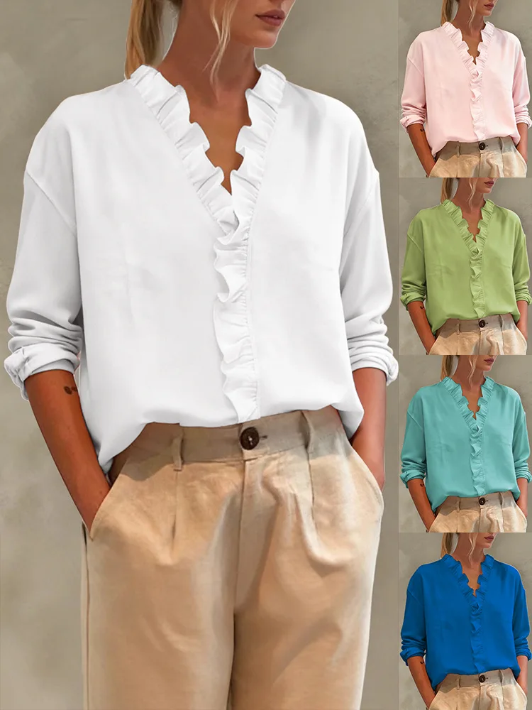 

Women's Ruffle V Neck Blouse Long Sleeve Solid Color Casual Loose Fit Button Down Shirts Office Work Tops Multi Color ﻿