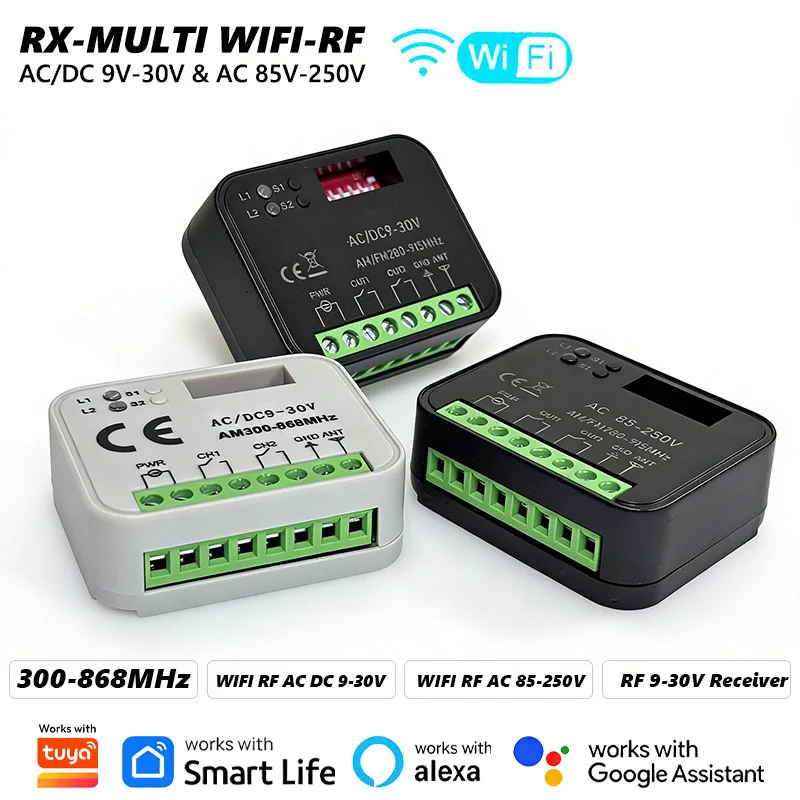 

Universal RX-Multi 300-868MHz Work With Tuya Wifi Smart Switch Garage Door Remote Control Receiver AC/DC 9-30V 85-250V