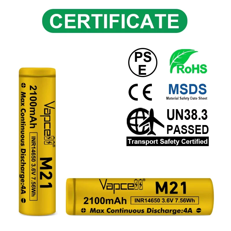 بطارية Vapcell 14650 M21 الأصلية 2100mah 4A 3.7V بطاريات ليثيوم قابلة للشحن ذات سعة عالية 14650 خلية ليثيوم أيون لمصباح يدوي