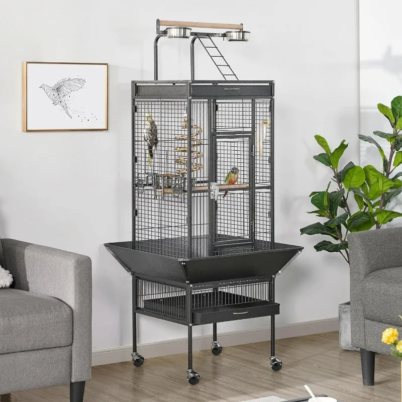 

61-inch Playtop Wrought Iron Large Parrot Bird Cages with Rolling Stand for Cockatiels Parrot Quaker Conure Parakeet