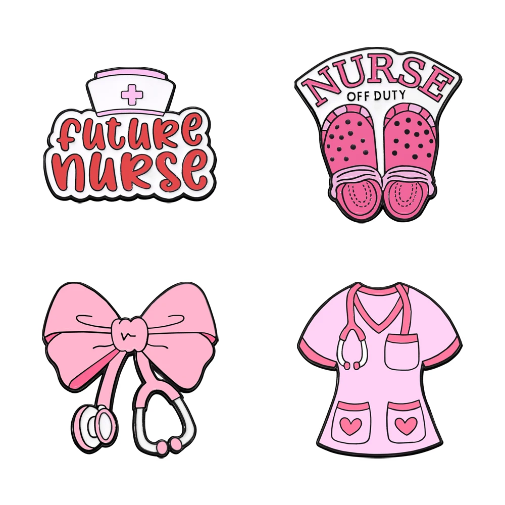 4pcs Pink Nurse Lapel Pins Set - Metal Badges Jewelry Gift with Stethoscope Bow Tie Hat Slippers Medical Theme Cartoon Design