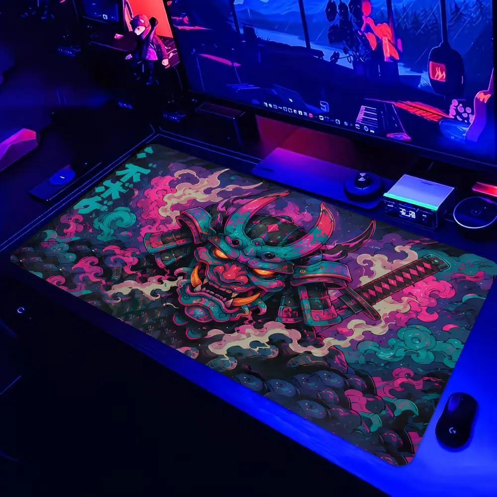 XXL Japanese Hannya Oni Mask Mouse Pad Samurai Katana Flame Cloud Print Non Slip Rubber Stitched Edge Large Gaming Desktop Mat