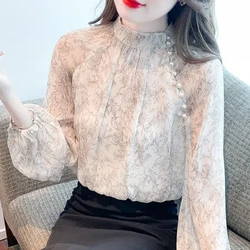 New Chinese Style Retro Printed Women's Spring and Autumn New Style French Sweet Temperament Small Shirt Lantern Sleeve Top