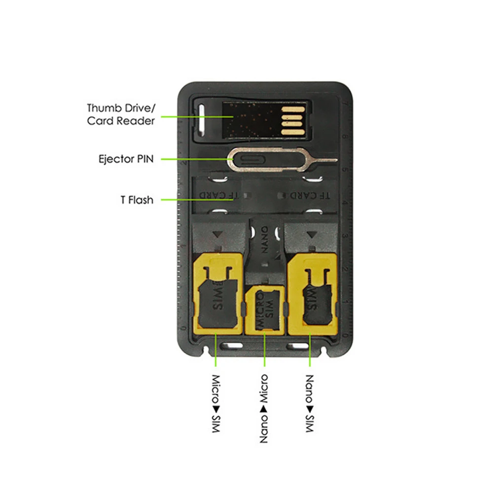 Kit de adaptador SIM fino de tamanho de cartão de crédito tudo em um com leitor de cartão TF e pino de ejeção de bandeja de cartão SIM, suporte para cartão SIM