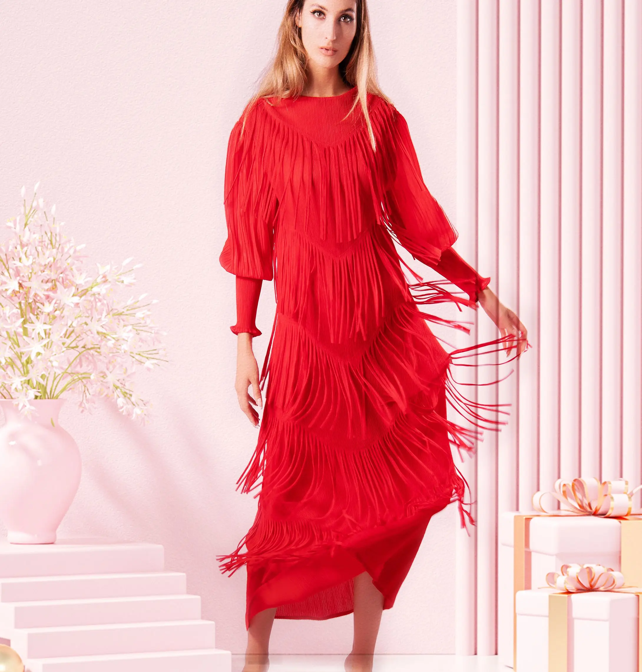 Miyake2023 Elegant Red Long Sleeve Ruffle Fringe Dress for Women, Casual Robe Du Soir, Luxury Pink Green, Autumn