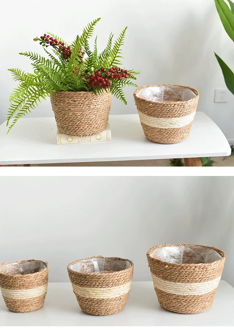 Straw Weaving Flower Plant Basket Grass Planter Basket Indoor Outdoor Flower Pots Cover Plant Containers for Plantable Plants FU