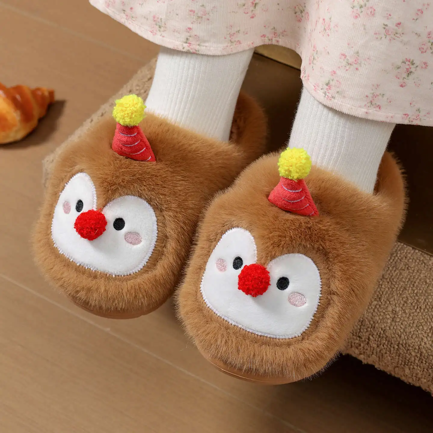 Cute Penguin Plush Slippers for Kids Winter Warm Furry House Shoes Cartoon Non Slip Soft Sole Indoor Slippers for Boys Girls