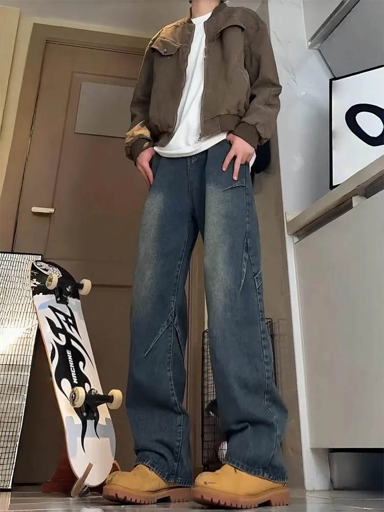 

Мужские джинсы в стиле ретро, синие, с пэчворком, с изогнутыми штанинами, в стиле High Street, слегка расклешенные, прямые, из денима