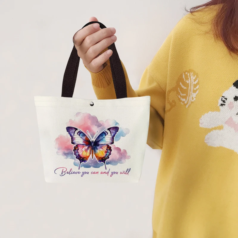 Retro Butterfly Inspirational Words Print Canvas Tote Women Lady Handbag Digital Printing Lunch Bags Practical supertramp famous last words