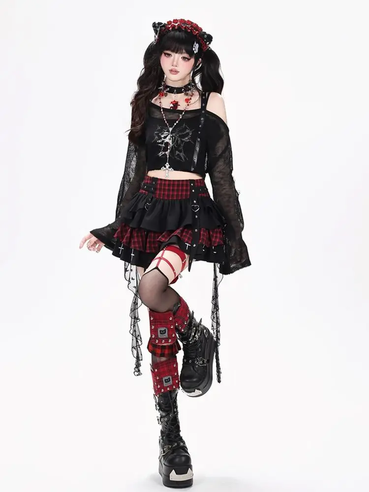 Y2K Punk Gothic Kawaii 3PCS Set Women Skull Print Cross Detail Off Shoulder Mesh Crop Top Plaid Ruffled Mini Skirt Lace Trim - view 2