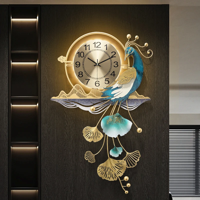 Metal Wall Art Aesthetic Clock Wall Big Size Led Luminous Design Clock Wall Creative Peacock Horloge Living Room Decoration