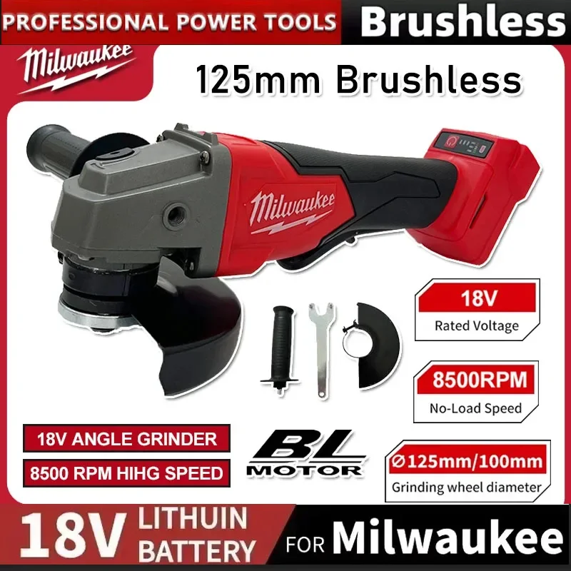 

2026 Milwaukee 125 мм Бесщеточная угловая шлифовальная машина для полировки и резки без блокировки лопастного переключателя электрические аккумуляторные электроинструменты