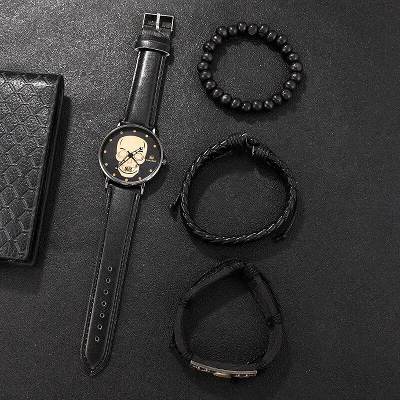 4PCS Set Luxury Men Watches Skull Dial Design Creative Man Watch Leather Strap Bussiness Casual Quartz Wristwatch Relogio