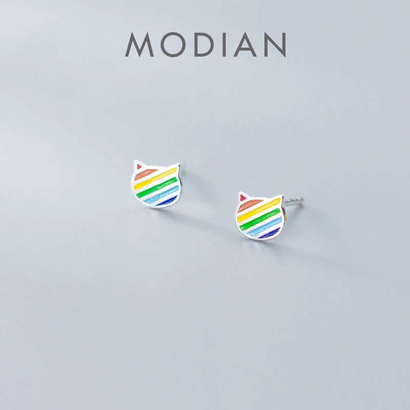 

MODIAN Fashion Colorful Rainbow Enamel Cute Cat Face for Women 925 Sterling Silver Animal Anti-Allergy Ear Pin Fine Jewelry Gift