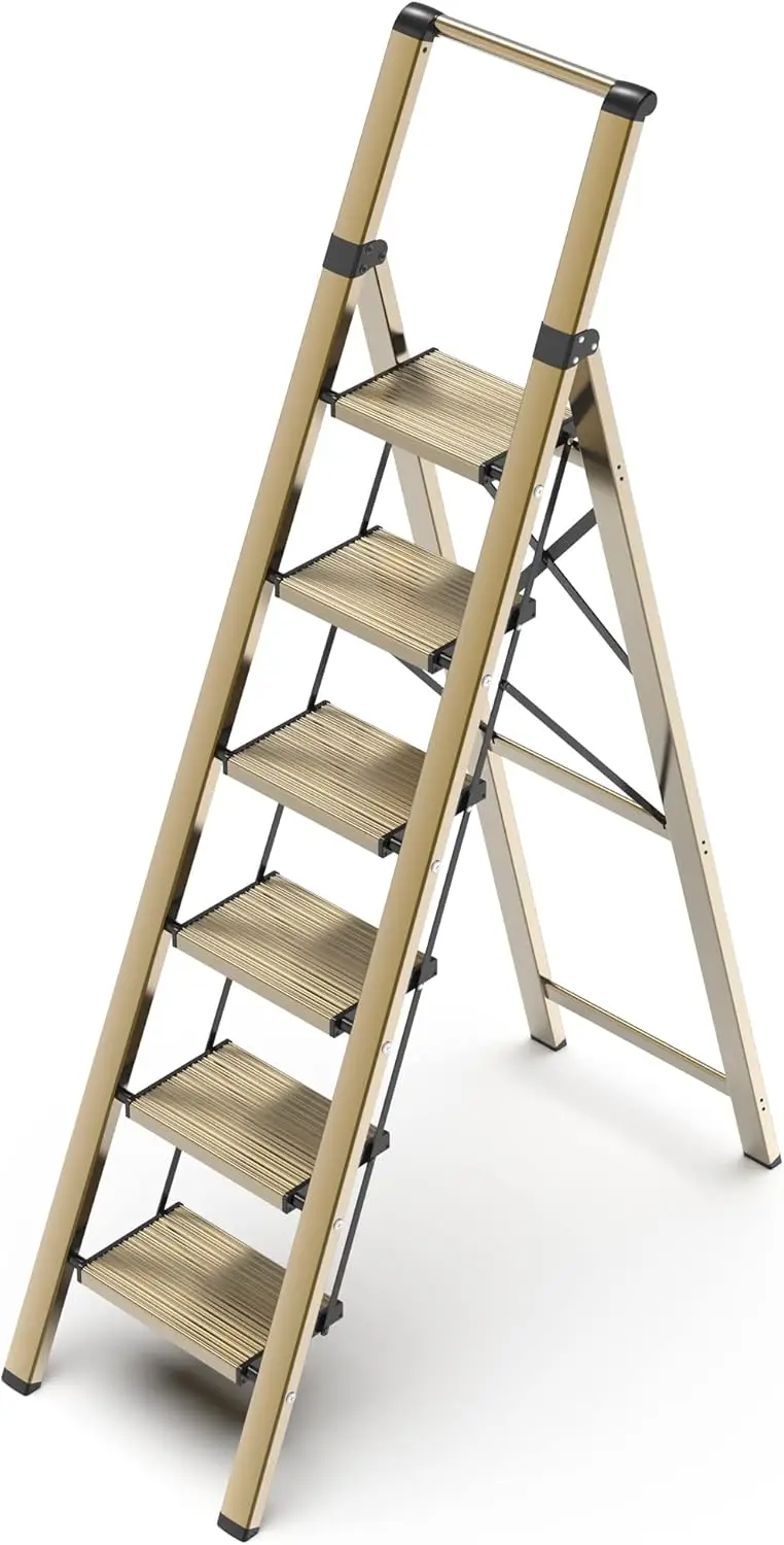 6 Step Ladder for 12 Feet High Ceiling, Lightweight Aluminum Folding Step Stool with Convenient Handgrip, Stepladders