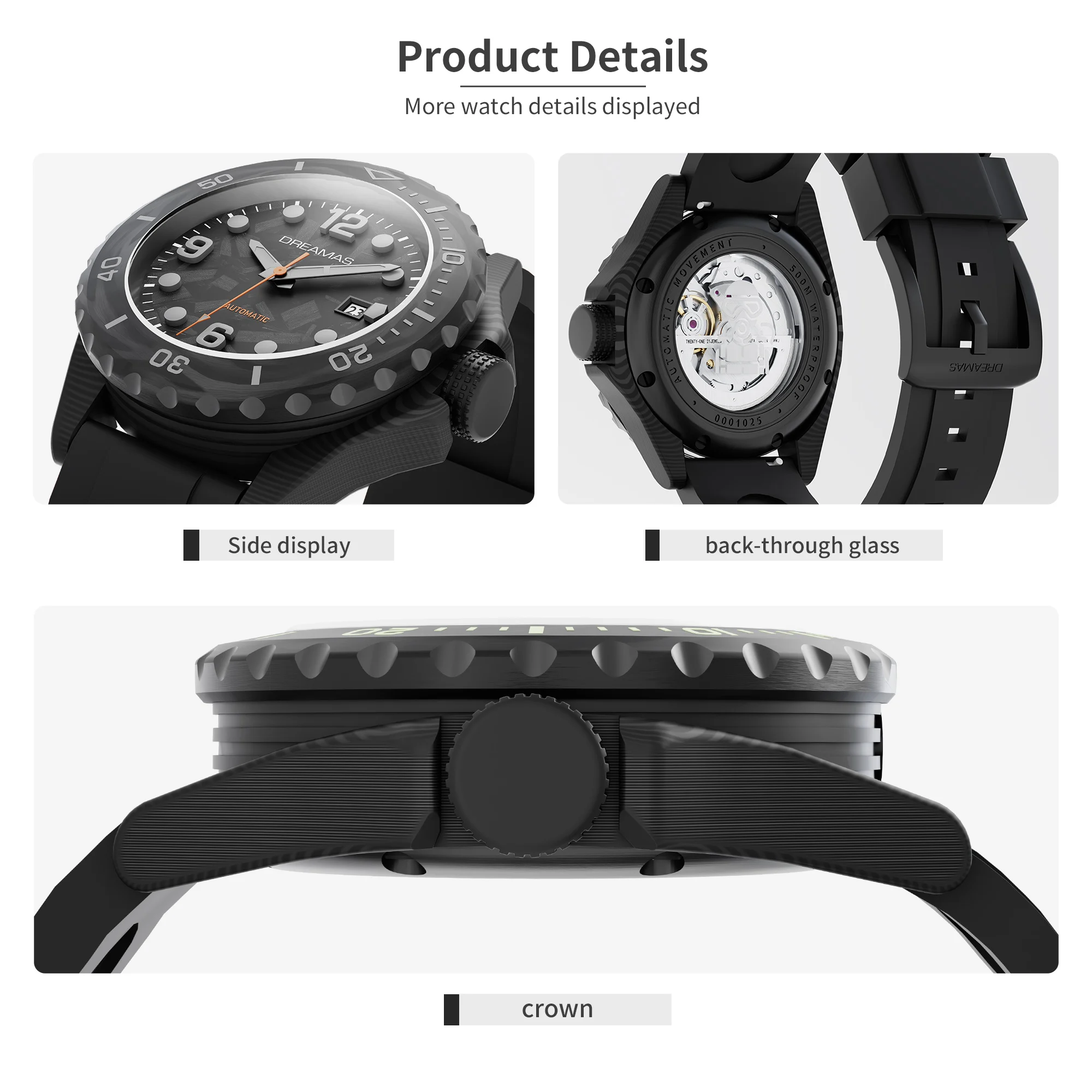 DREAMAS Herren-Taucheruhr aus Kohlefaser, automatische mechanische Taucheruhr, 500 m wasserdicht, Schweizer 3D-Leucht-Sport-Armbanduhr – Detail 4