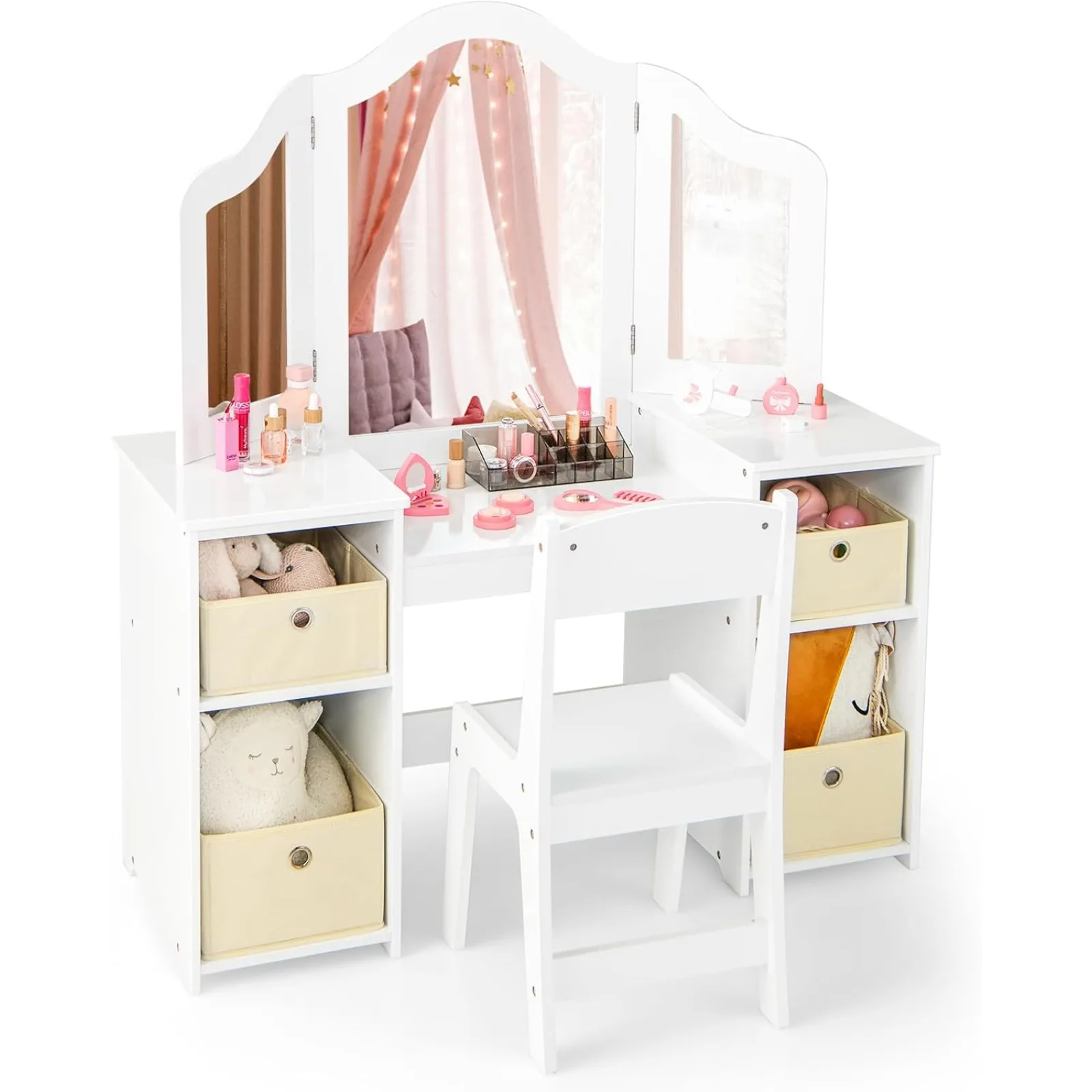 US Kids Vanity, 2 in 1 Princess Makeup Desk & Chair Set with Tri-Folding Mirror, 4 Storage Bins, Wooden Toddler Vanity