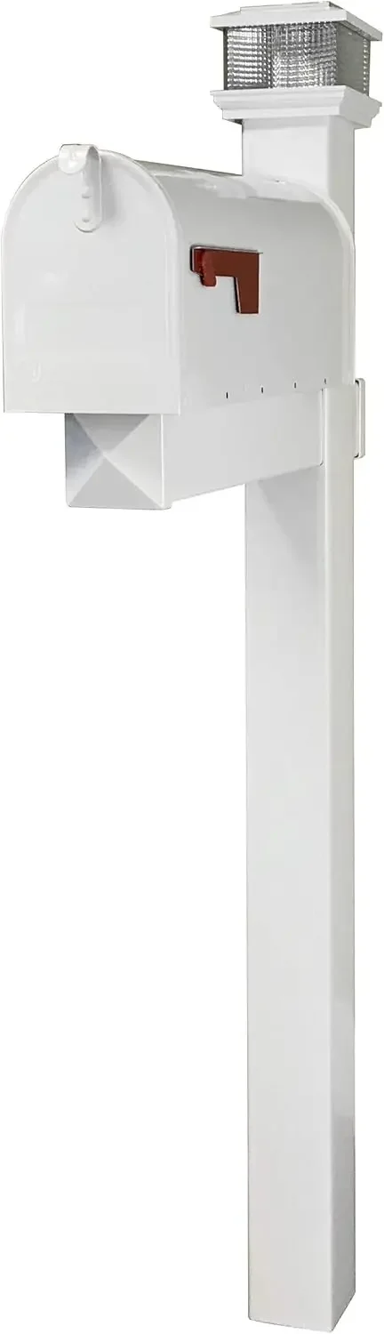 The Galaxy Steel Mailbox with LED Solar Light Cap and White Vinyl Post (White Mailbox)