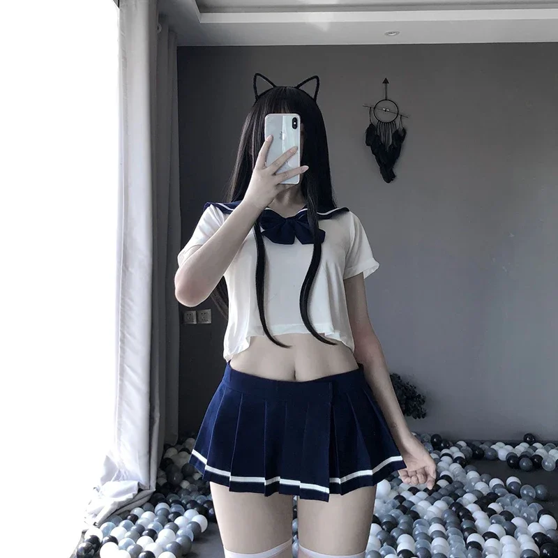 School Girl Cosplay Student Uniform Women Sexy Lingerie Adult Role Play Nightgown 2 Piece Pajamas Set Short Top Skirt Sets