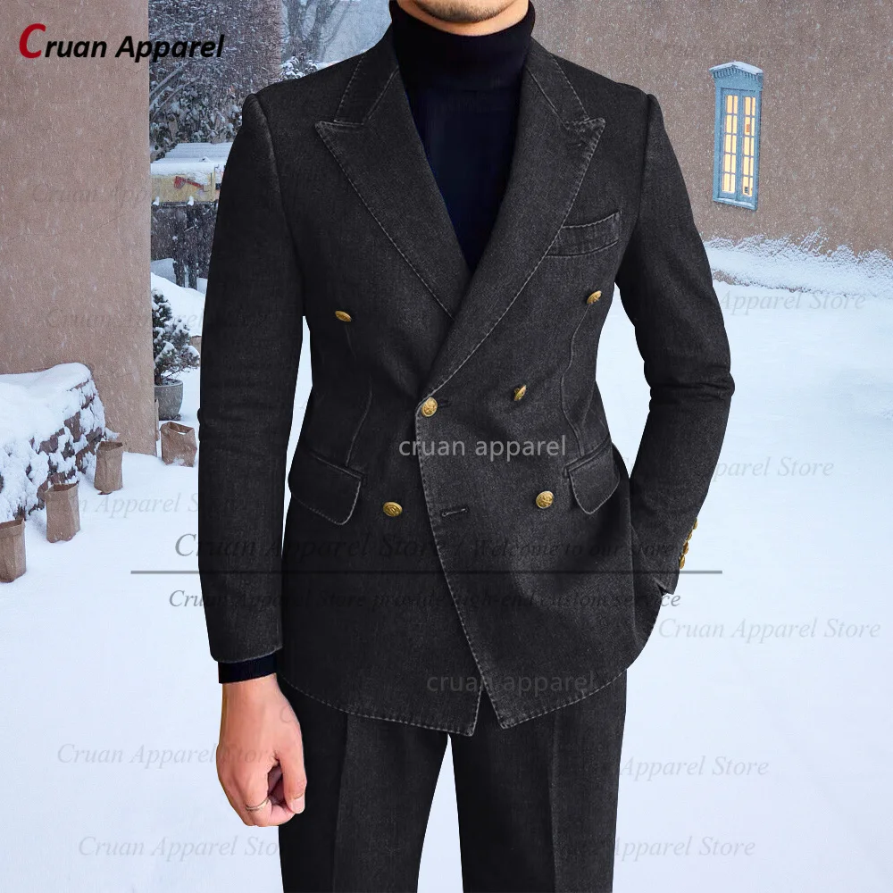 Latest Denim Suit Men Slim fit Fashion Double Breasted Business Wedding Vintage Tuxedo Tailor-made Casual Jacket Pants 2 Pieces