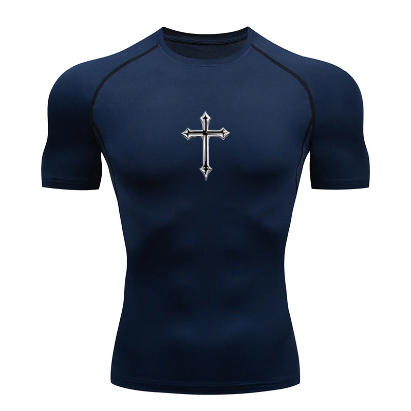 Cross Print Compression Shirt for Men Christian Athletic Tshirt Tees Tops Gym Workout Running Baselayers Undershirts Rash Guard