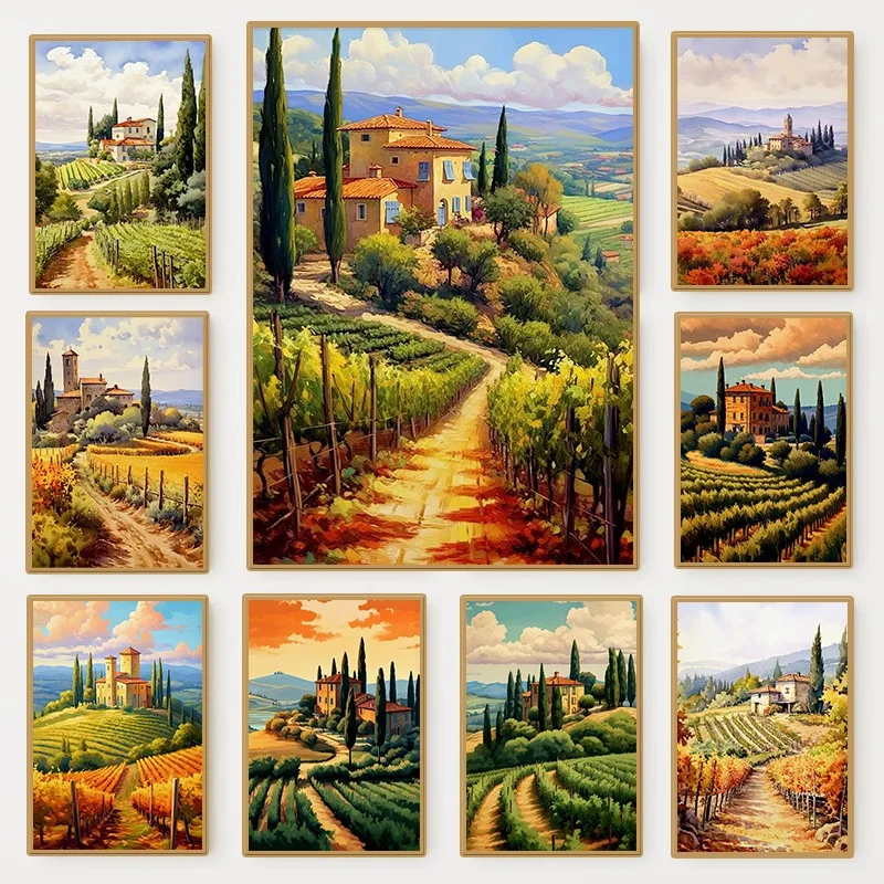 Tuscany Vineyard Landscape Poster Abstract Watercolor Italian Scenery Canvas Painting Wall Art for Living Room Home Decor Mural