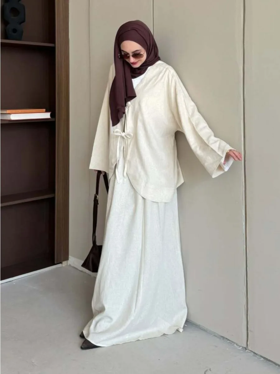 casual islamic dressing style 2pcs Muslim Women Modest Long Sleeve Tops Pants Abaya Casual Outfits  Islamic Set