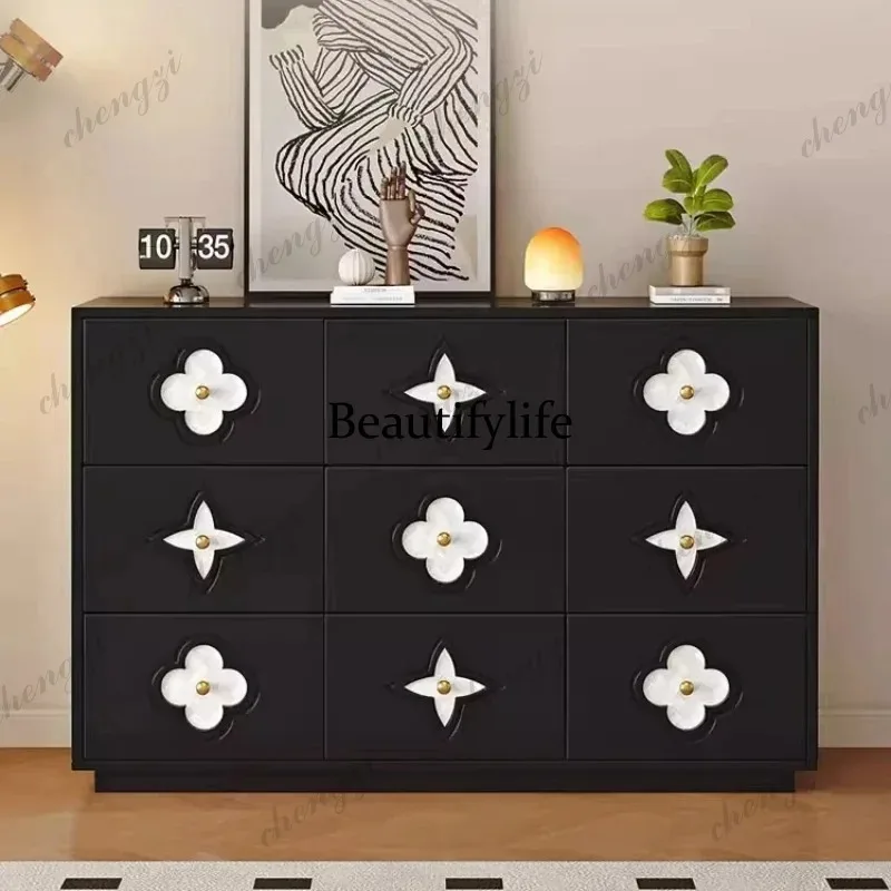 E182   French Style Retro Sideboard Elegant Shell 4leaf Clover Shape Solid Wood Bucket Storage Cabinet Bedroom Living Room