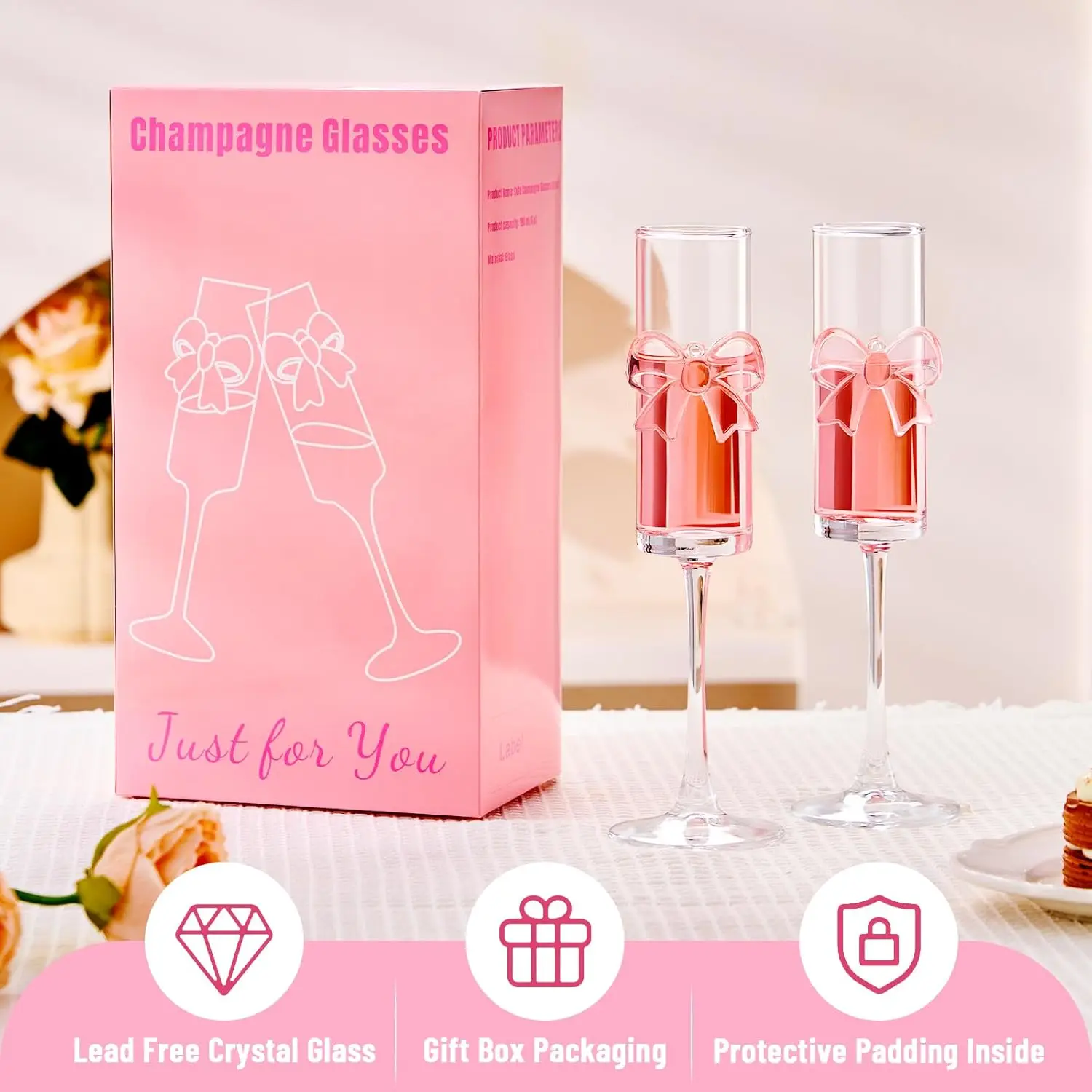 

Набор из 2 флейт для шампанского с розовым бантом, подарки на день рождения для женщин, элегантные бокалы для шампанского на 6 унций, розовые бокалы для вина, уникальный подарок на день рождения