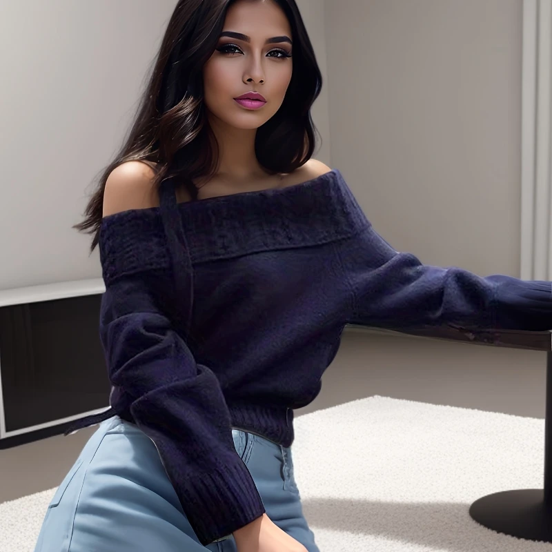 

New Autumn and Winter Women's One-word Collar Off-shoulder Long-sleeved Sweater Elegant and Sexy Knitted Slim-fit Top