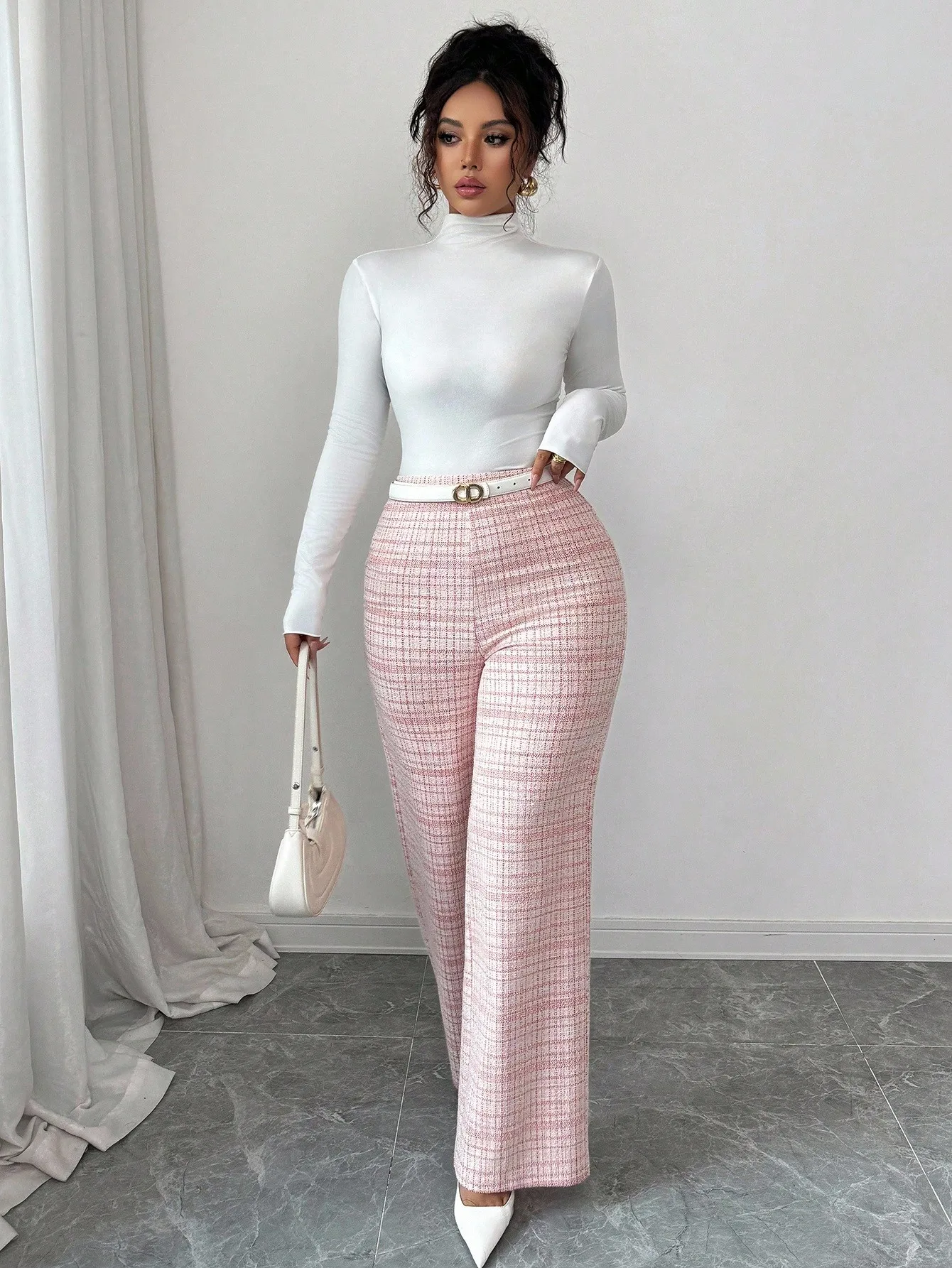 Calças de pernas largas de cintura alta de tweed elástico xadrez rosa para mulheres, roupas casuais de escritório de outono