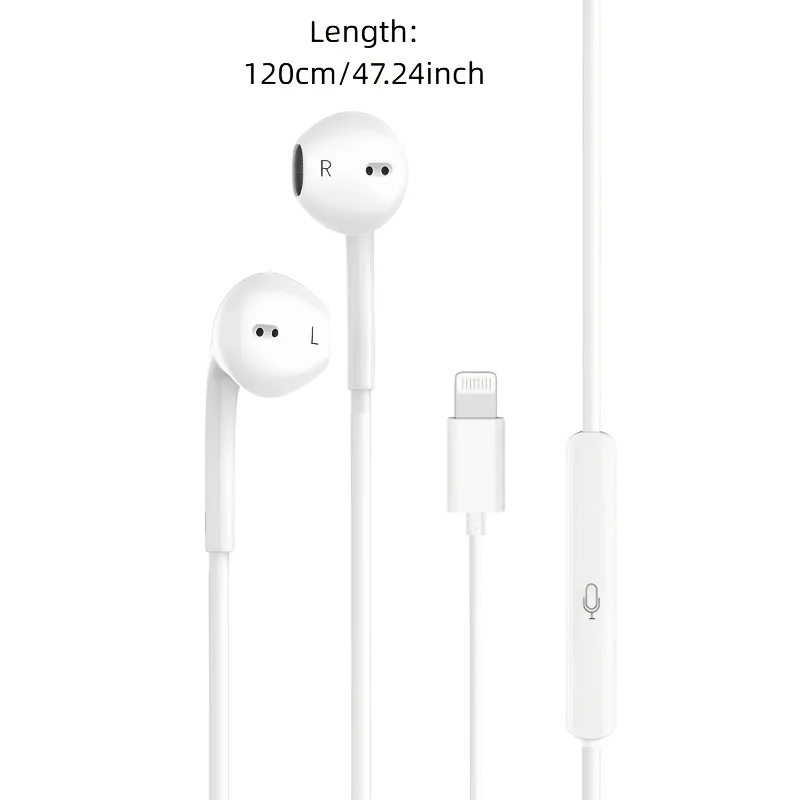 Wired headphones with built-in microphone and volume control, compatible with iPhone 14/13/12/11 Pro Max/Xs/Xr/X/7/8 Plus, white view 2