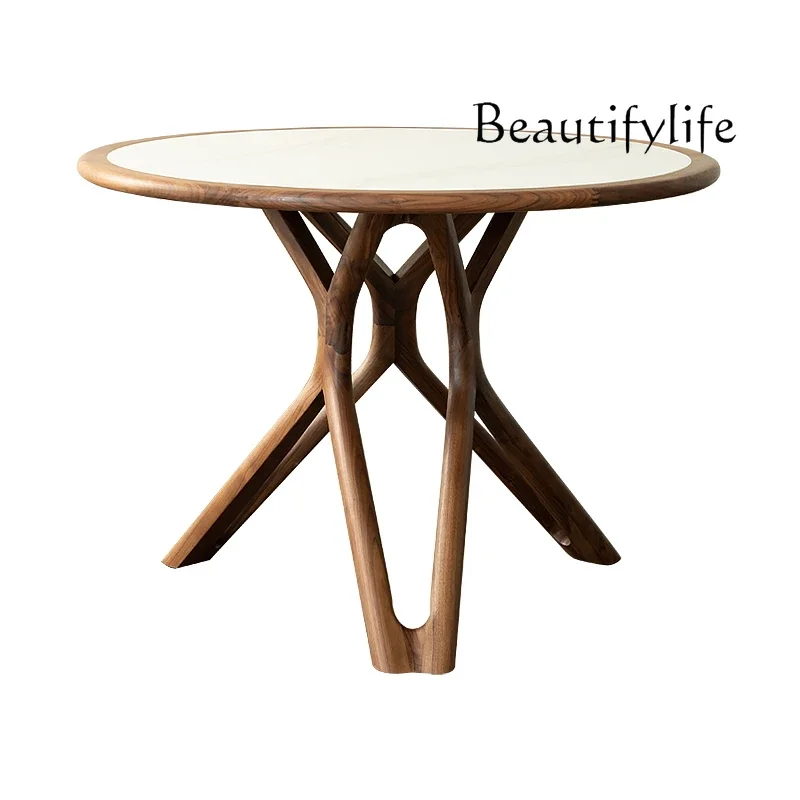 

Italian round dining table, black walnut rock slab dining table, modern simple home dining and leisure round table