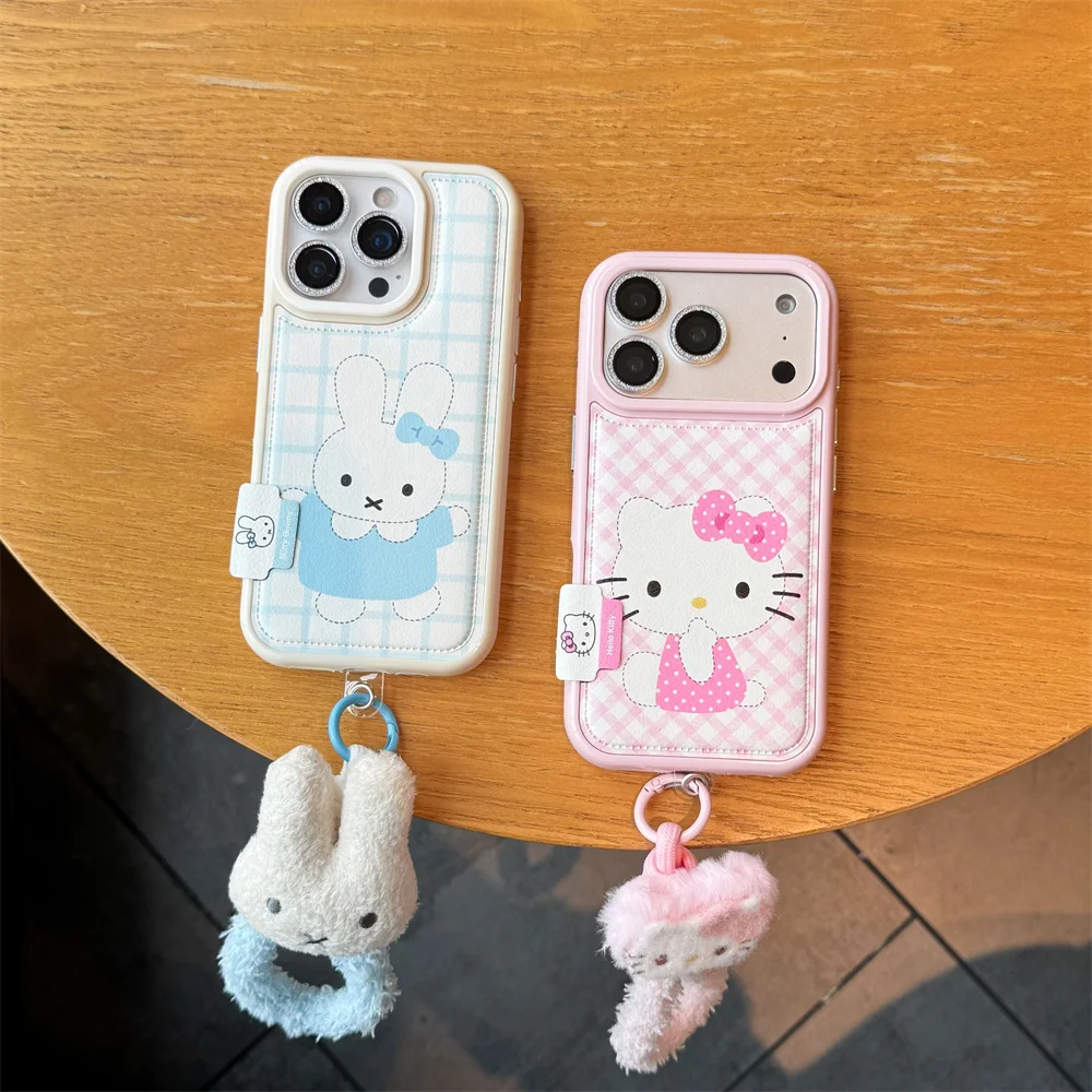 

Simple Line Hellokitty Rabbit Fashion Plaid Leather Phone Case for iPhone 13 14 Pro Max 13 16 17 Pro Cover Cute Shockproof Cases