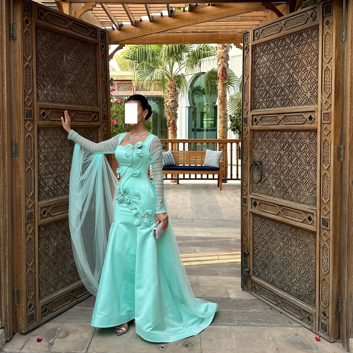 

Customized Modern Square Collar Jersey Long Sleeves Evening Dresses Elegant Floor Length Celebrity Gowns Vestido De Noche