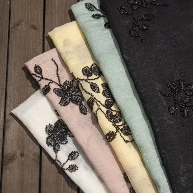刺繍入りチュールレーストリム生地、黒の花柄ビーズ付きシアー、柔らかくドレープ感のある中国風デザイン、漢服スカートdiy縫製アクセサリー用